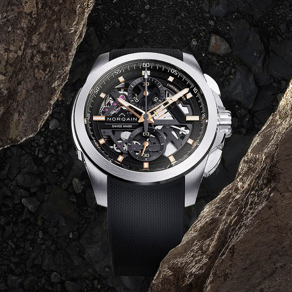 NORQAIN Independence Skeleton Chrono 42mm Dial Black Rubber Strap Watch