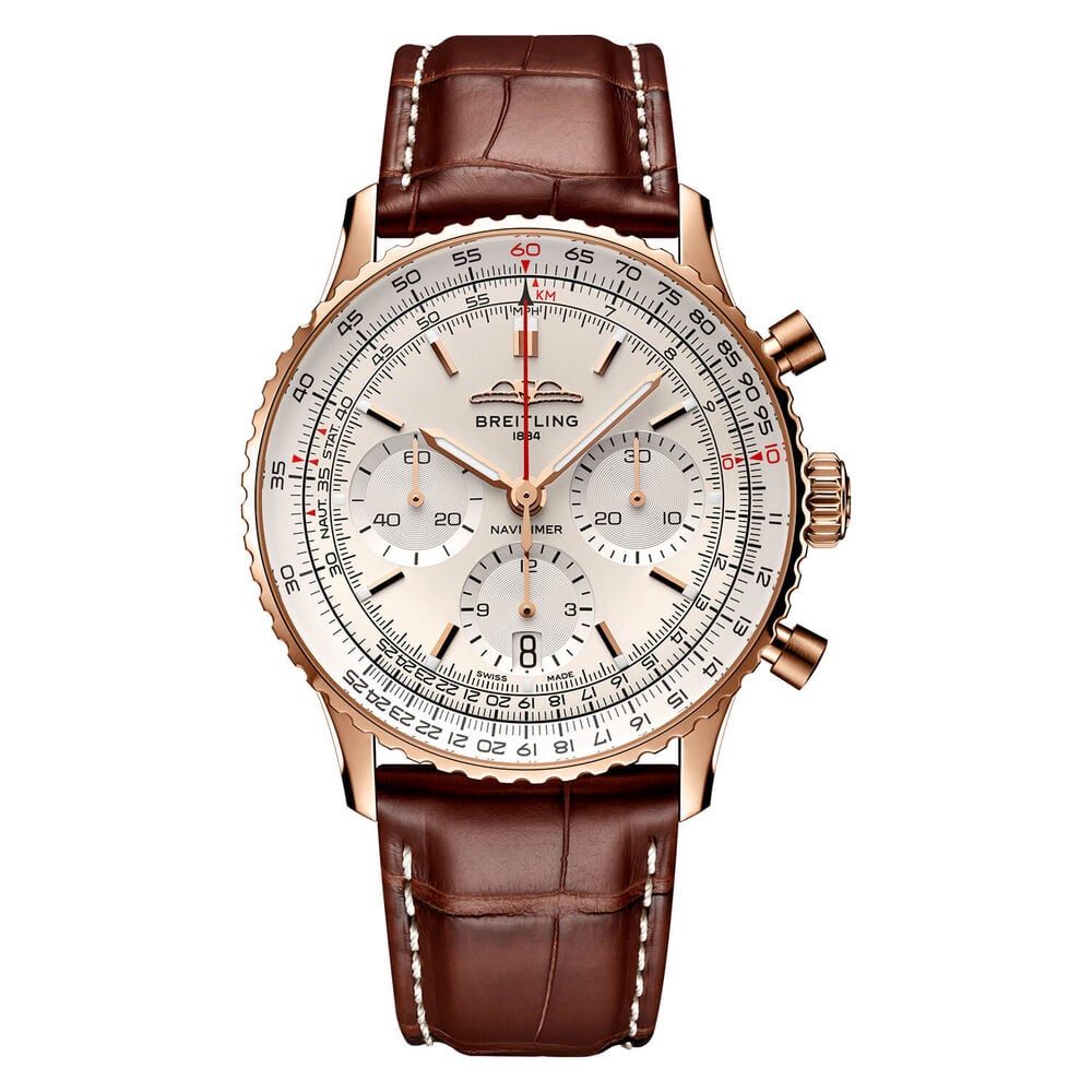 Breitling 18ct Navitimer B01 Chronograph 41 Silver Dial Brown Strap Watch image number 0