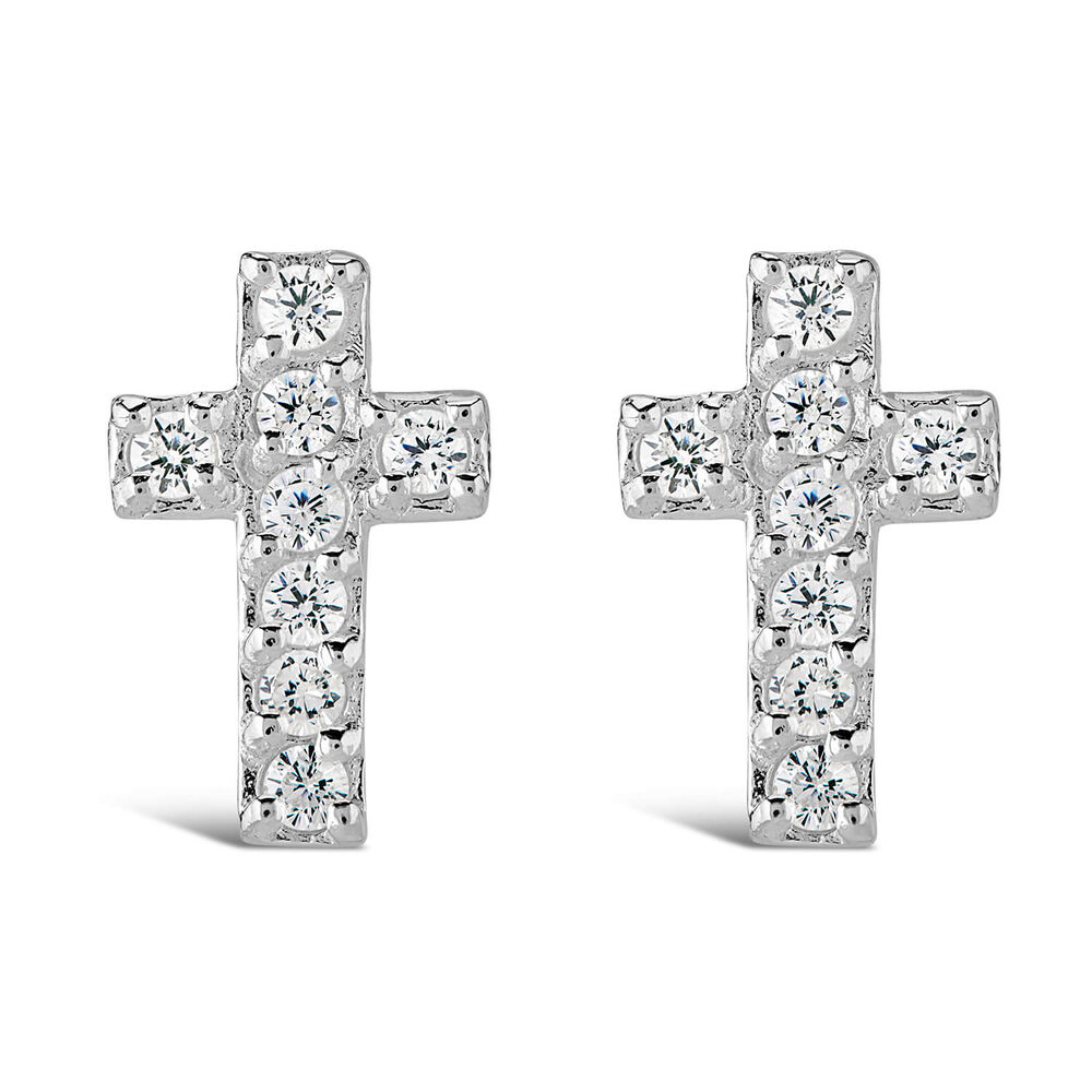 Sterling Silver Cubic Zirconia Set Cross Stud Earrings