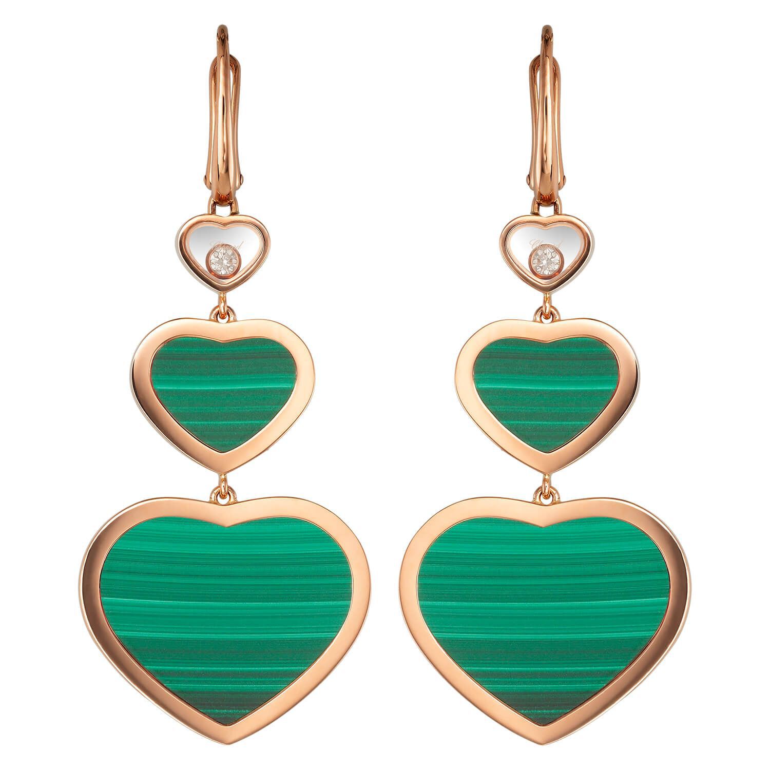 Chopard Happy Heart 18ct Rose Gold Malachite Diamond Drop Earrings