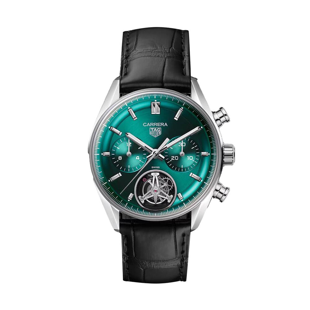 TAG Heuer Carrera Chronograph Tourbillon 42mm Green Dial Black Leather Strap Watch image number 0