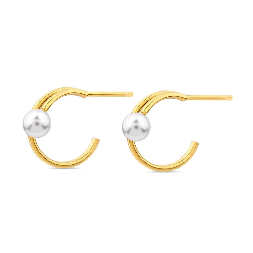 Yellow Gold Plated Sterling Silver Pearl Open Double Hoop Earrings image number 0