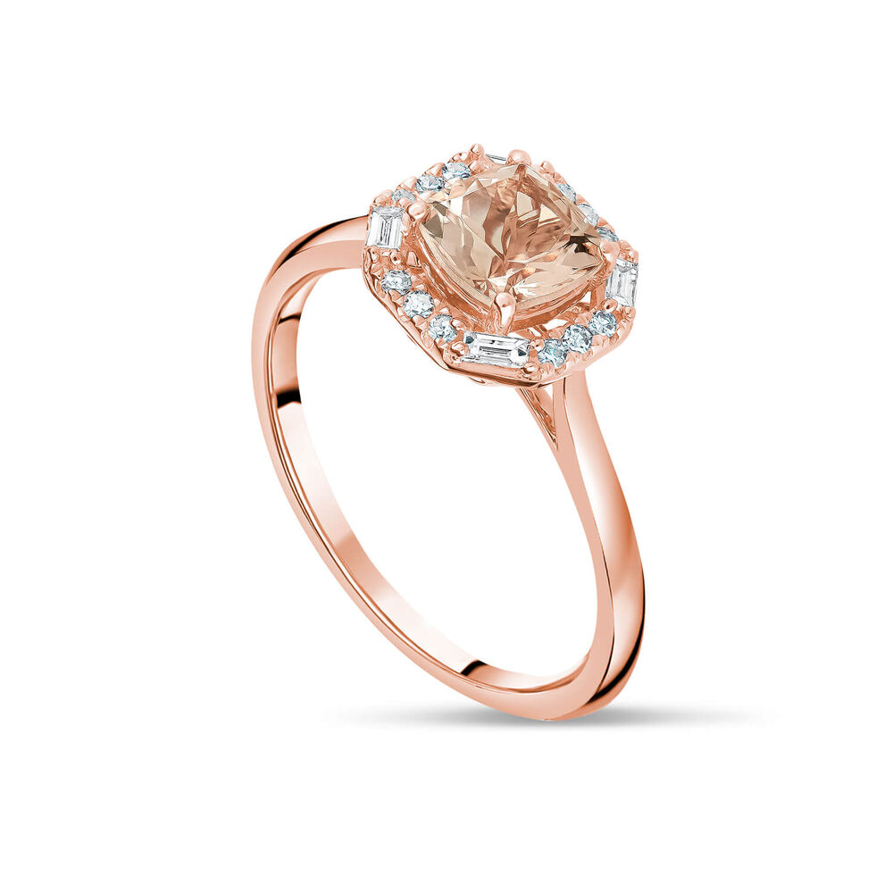 9ct Rose Gold Octagonal Morganite and Diamond Halo Ring