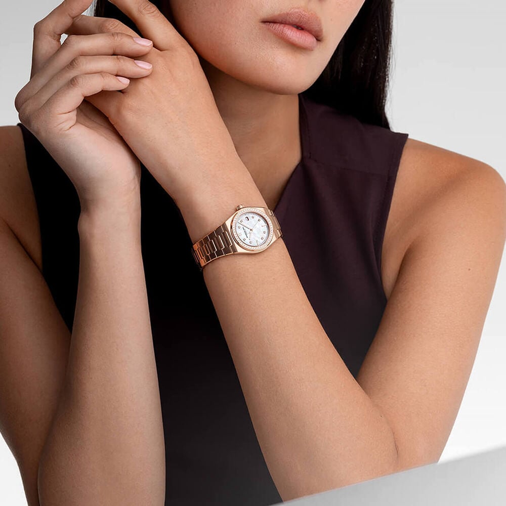 Raymond Weil A.R.T. 30mm White Mother of Pearl Dial Rose Gold PVD Steel Bracelet Watch