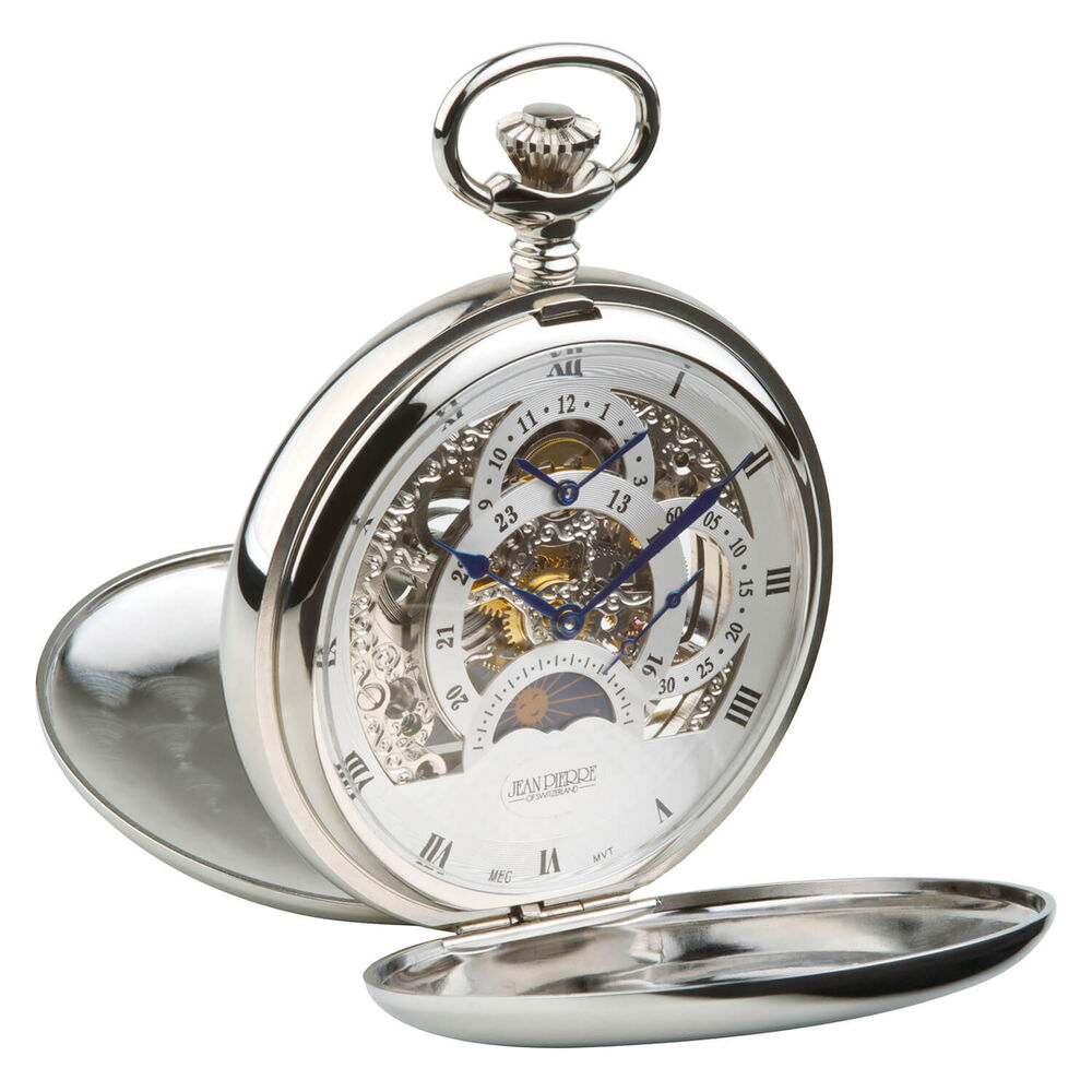 Jean Pierre Dual Time Moon Chrome Plated Pocket Watch