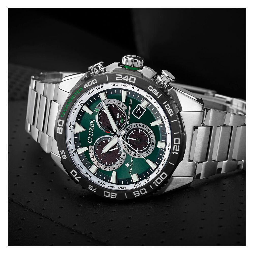 Citizen Eco-Drive Perpetual Chrono A.T Green Dial Steel Case Bracelet Watch image number 3