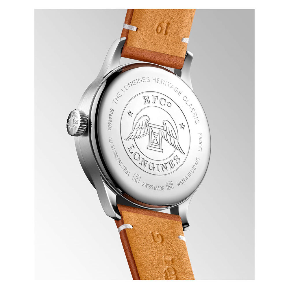 Longines Heritage Classic 38.5mm Grey Dial Steel Case Brown Strap Watch image number 3