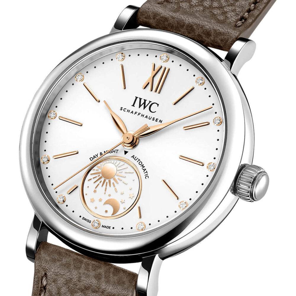 IWC Schaffhausen Portofino Automatic Day & Night 34mm White Dial Taupe Leather Strap Watch image number 1