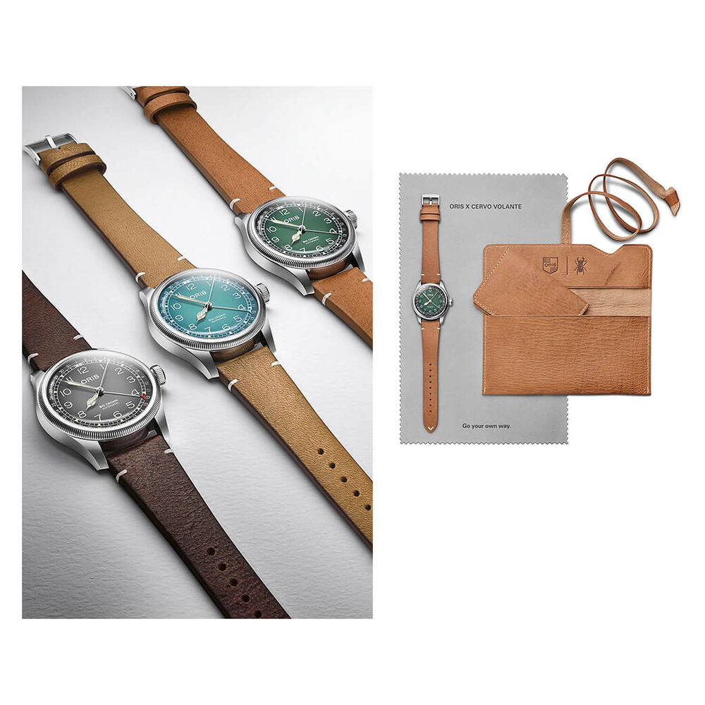 Oris Big Crown 38mm Green Dial Steel Case Tan Strap Watch image number 5