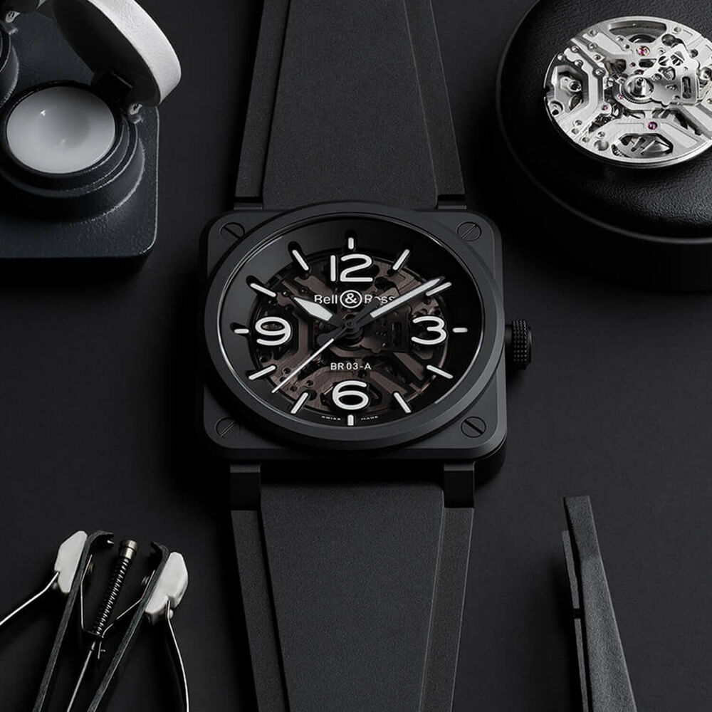 Bell & Ross BR-03 Skeleton Black Ceramic 41mm Dial Black Rubber Strap Watch image number 6