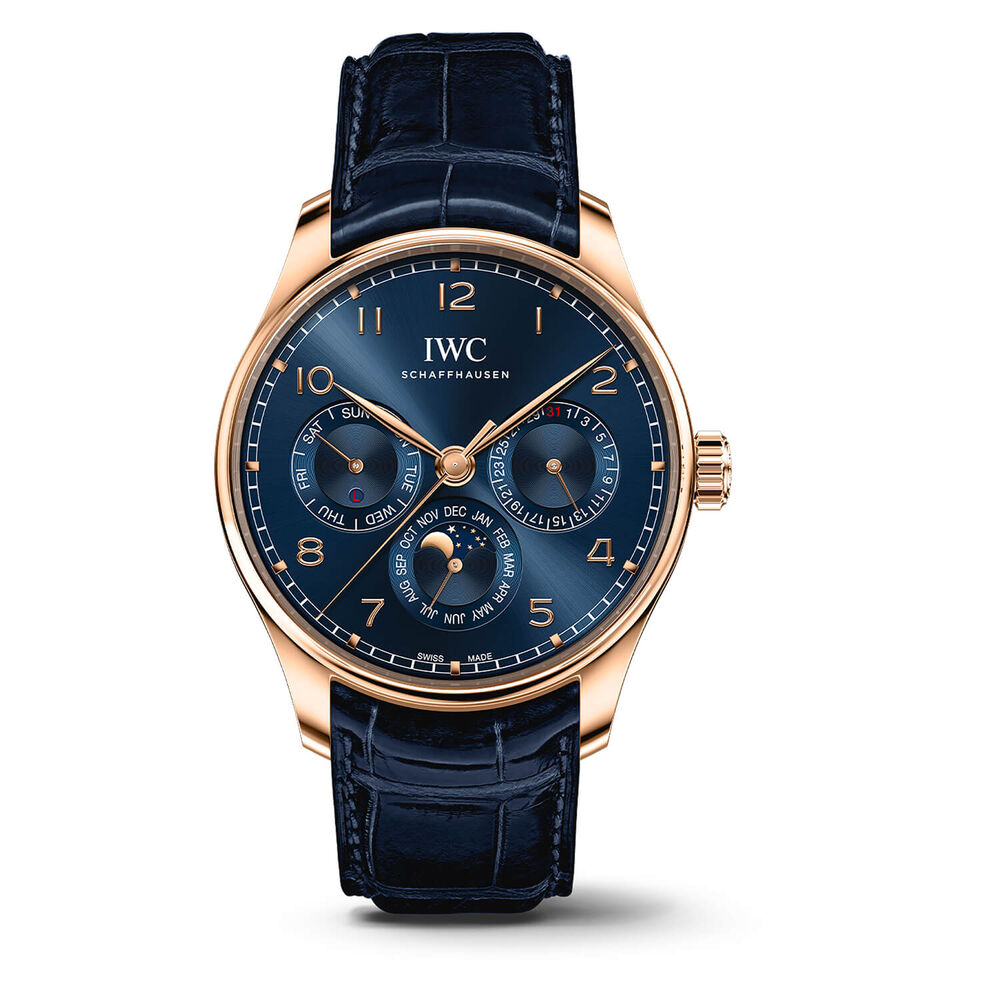 IWC Schaffhausen Portugieser Perpetual Calendar 42 Blue Dial Leather Strap Watch