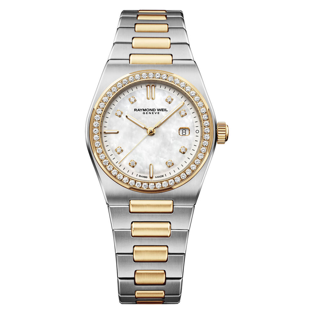 Raymond Weil A.R.T. 30mm Mother of Pearl Dial Diamond Bezel Gold PVD Steel Bracelet Watch