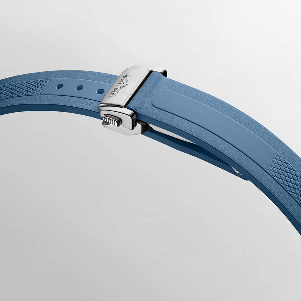 Longines Conquest 34mm Blue Dial Rose Gold Bezel Rubber Strap Watch image number 5