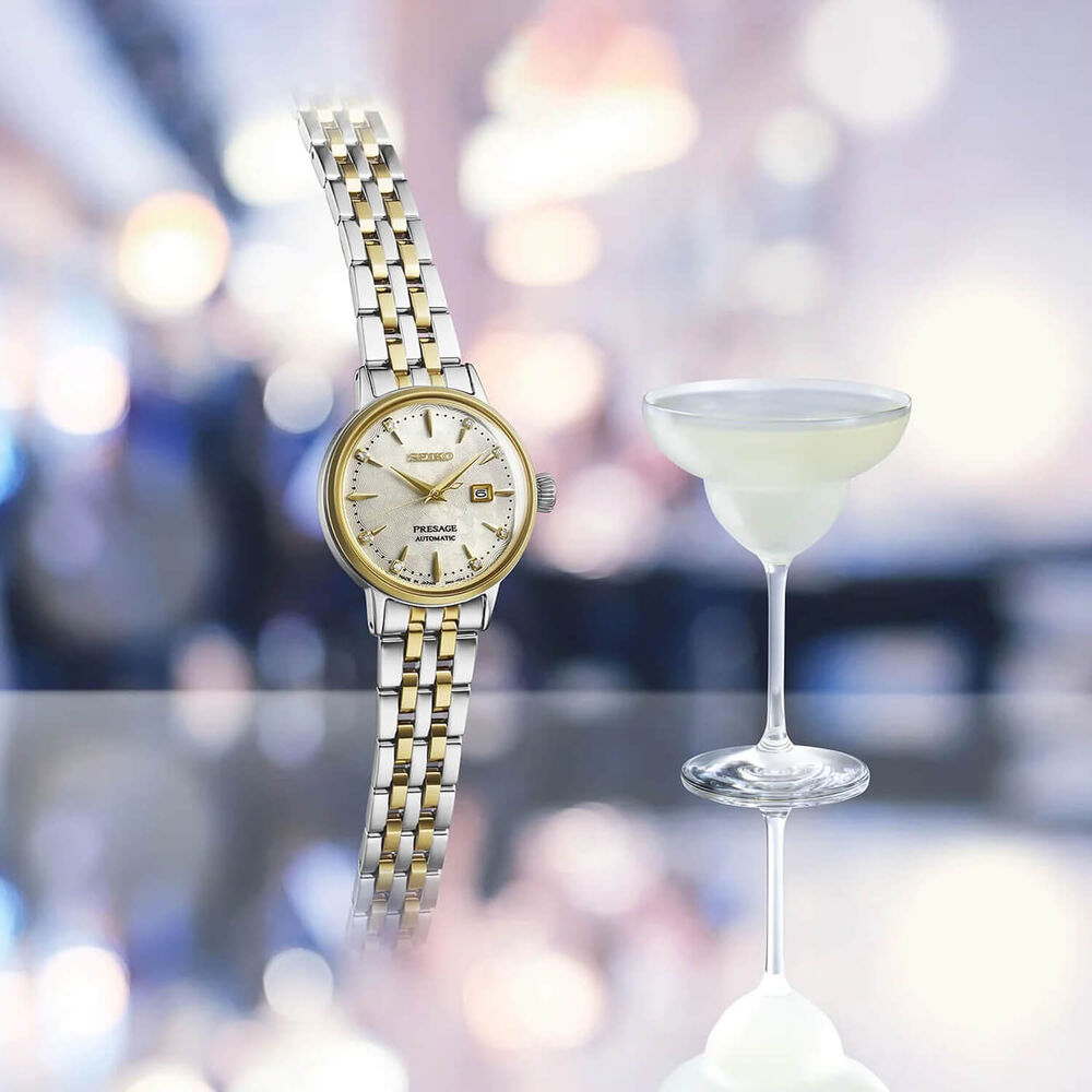 Seiko Presage 30mm Cocktail Time 'White Lady' Diamond Twist Yellow Gold Case Watch image number 2