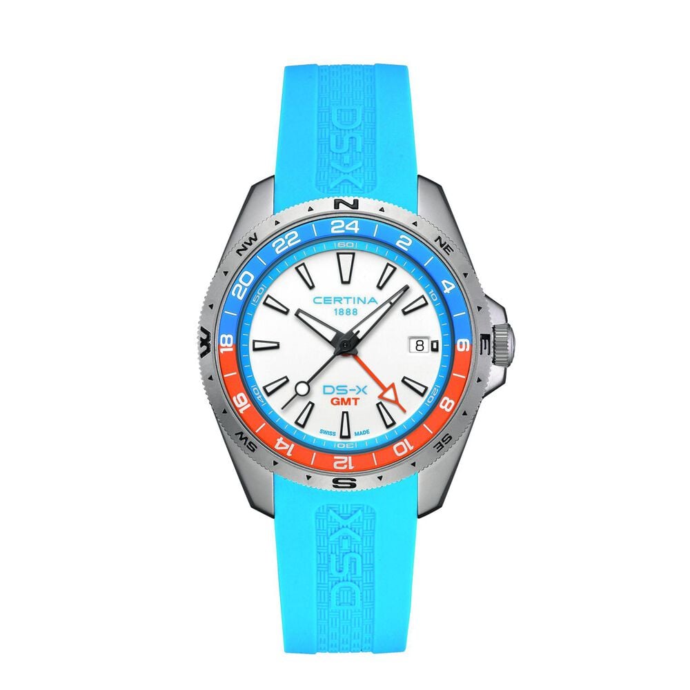 Certina DS-X GMT 41mm White Dial Turqoise Blue Rubber Strap Watch