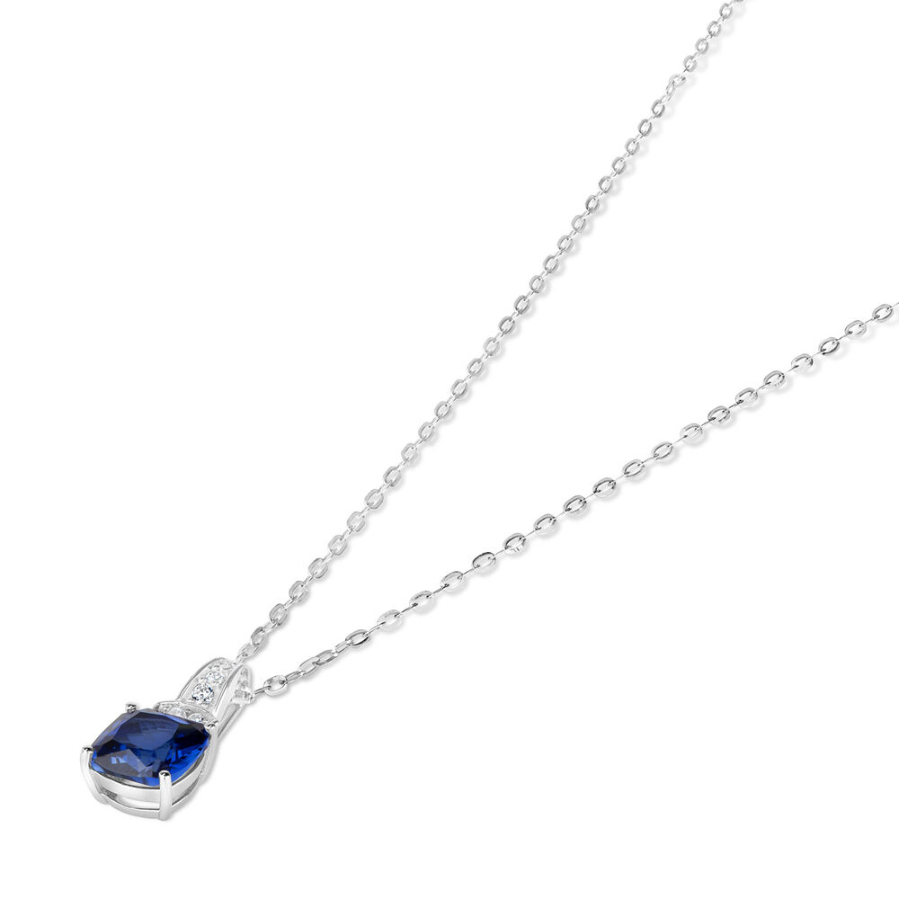 9ct White Gold Cushion Cut Created Sapphire & Cubic Zirconia Pendant (Chain Included)