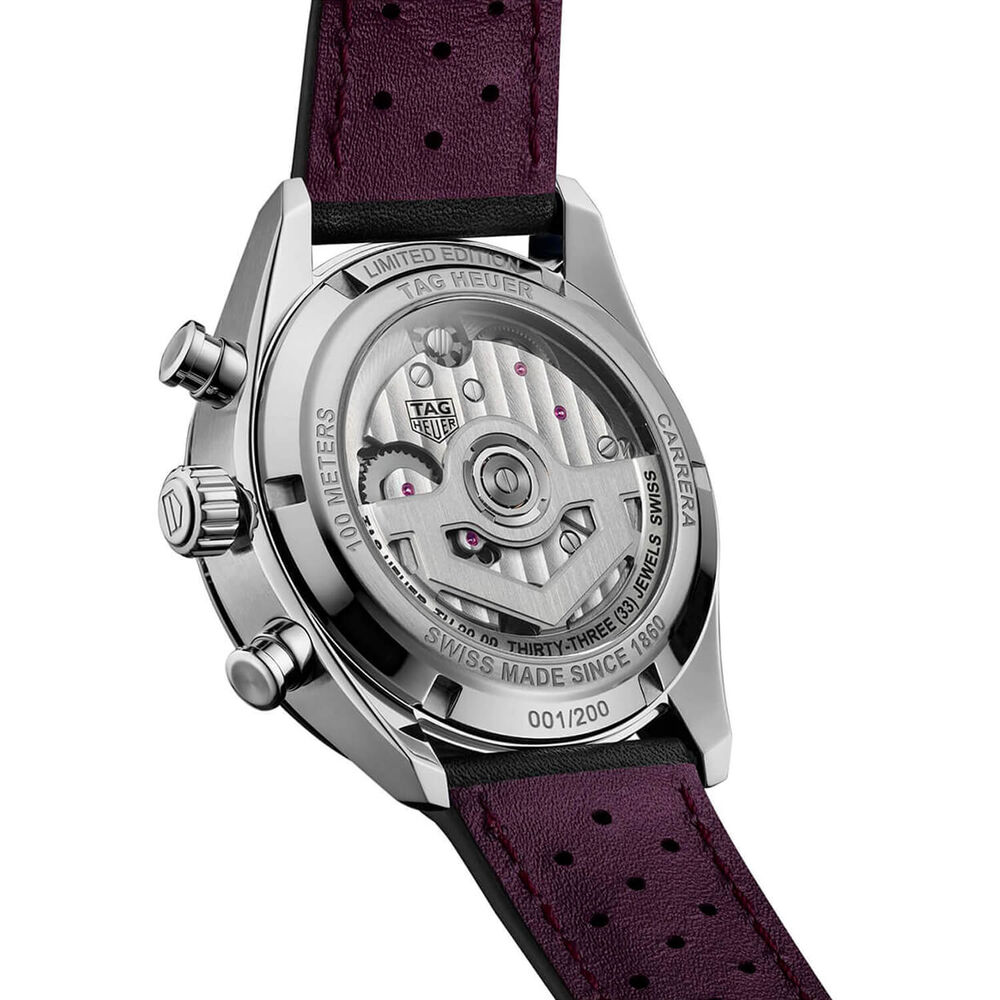 TAG Heuer Carrera Chronograph Tourbillon 42mm Purple Dial Black Leather Strap Watch image number 4