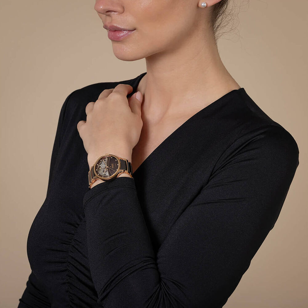 Rado Centrix Automatic Diamonds 35mm Brown Open Heart Dial Two-Tone Ceramic Bracelet Watch image number 6