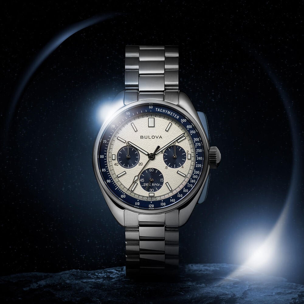Bulova Lunar Pilot 43.5mm Blue & Silver Dial Steel Bracelet & Blue Leather Strap Set Watch image number 7