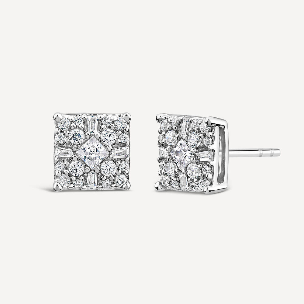 9ct White Gold 0.50ct Cluster Baguette & Round Diamond Square Shaped Stud Earrings image number 1