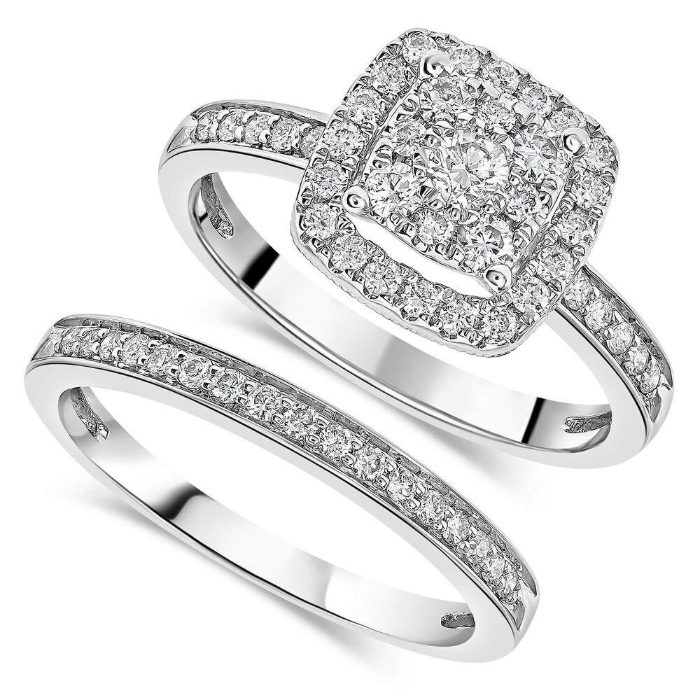 9ct white gold 0.50 carat diamond halo bridal set image number 0