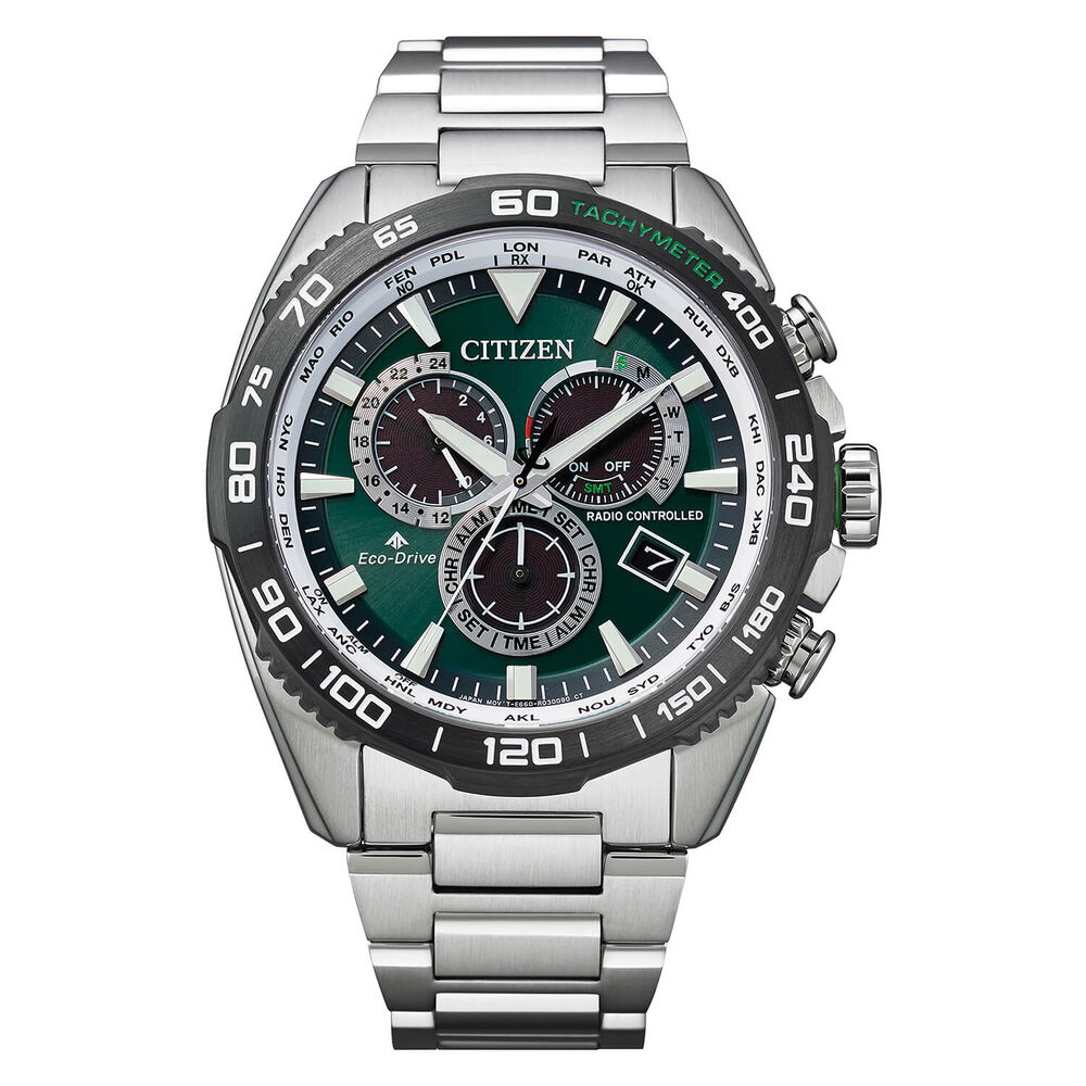 Citizen Eco-Drive Perpetual Chrono A.T Green Dial Steel Case Bracelet Watch image number 0