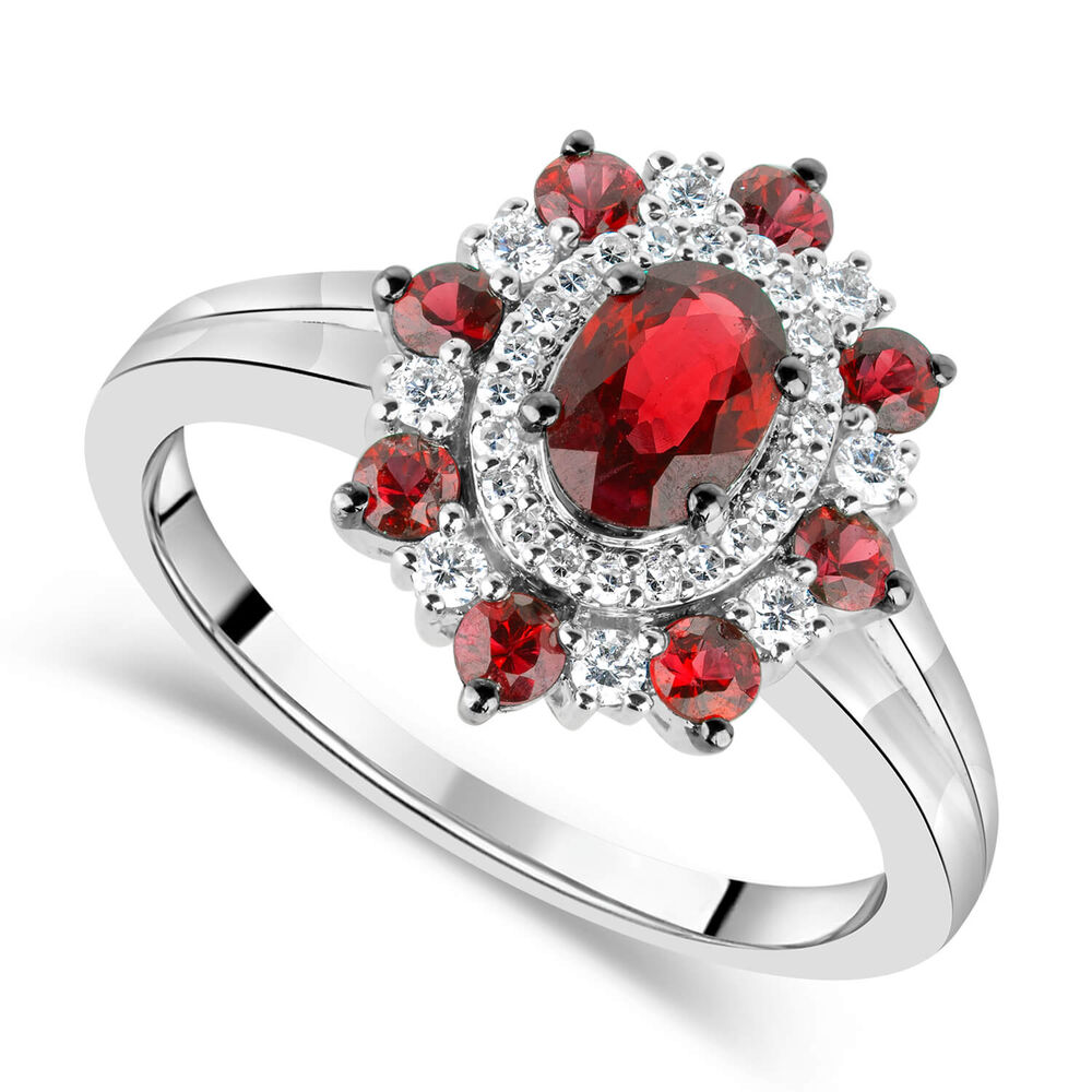 9ct White Gold Diamond and Ruby Floral Cluster Ring