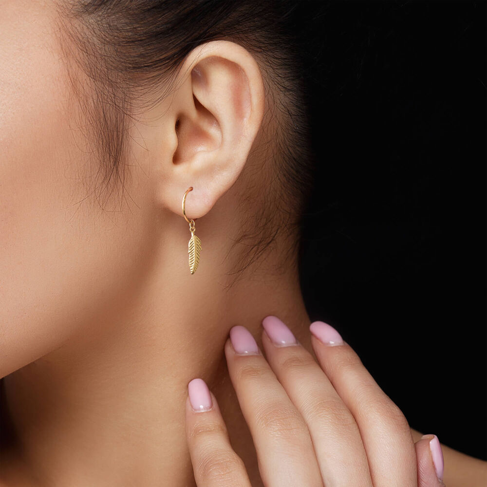 9ct Yellow Gold Feather Motif Small Hoop Earrings