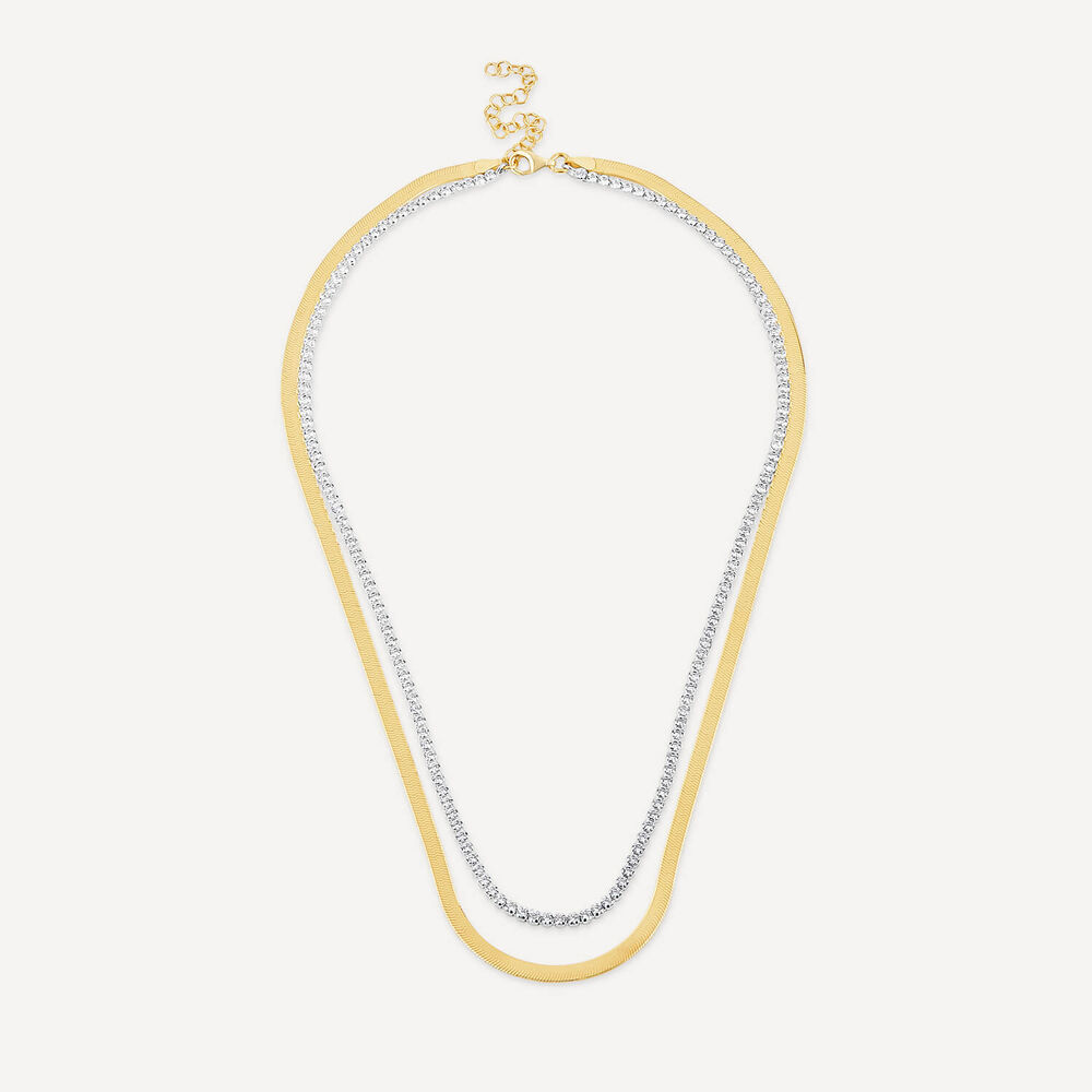 Sterling Silver & Yellow Gold Plated Double Herringbone Cubic Zirconia Tennis Necklet image number 2