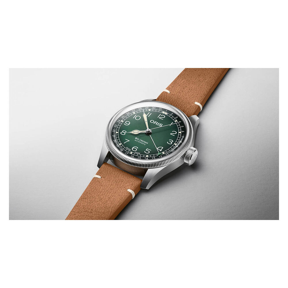 Oris Big Crown 38mm Green Dial Steel Case Tan Strap Watch image number 2