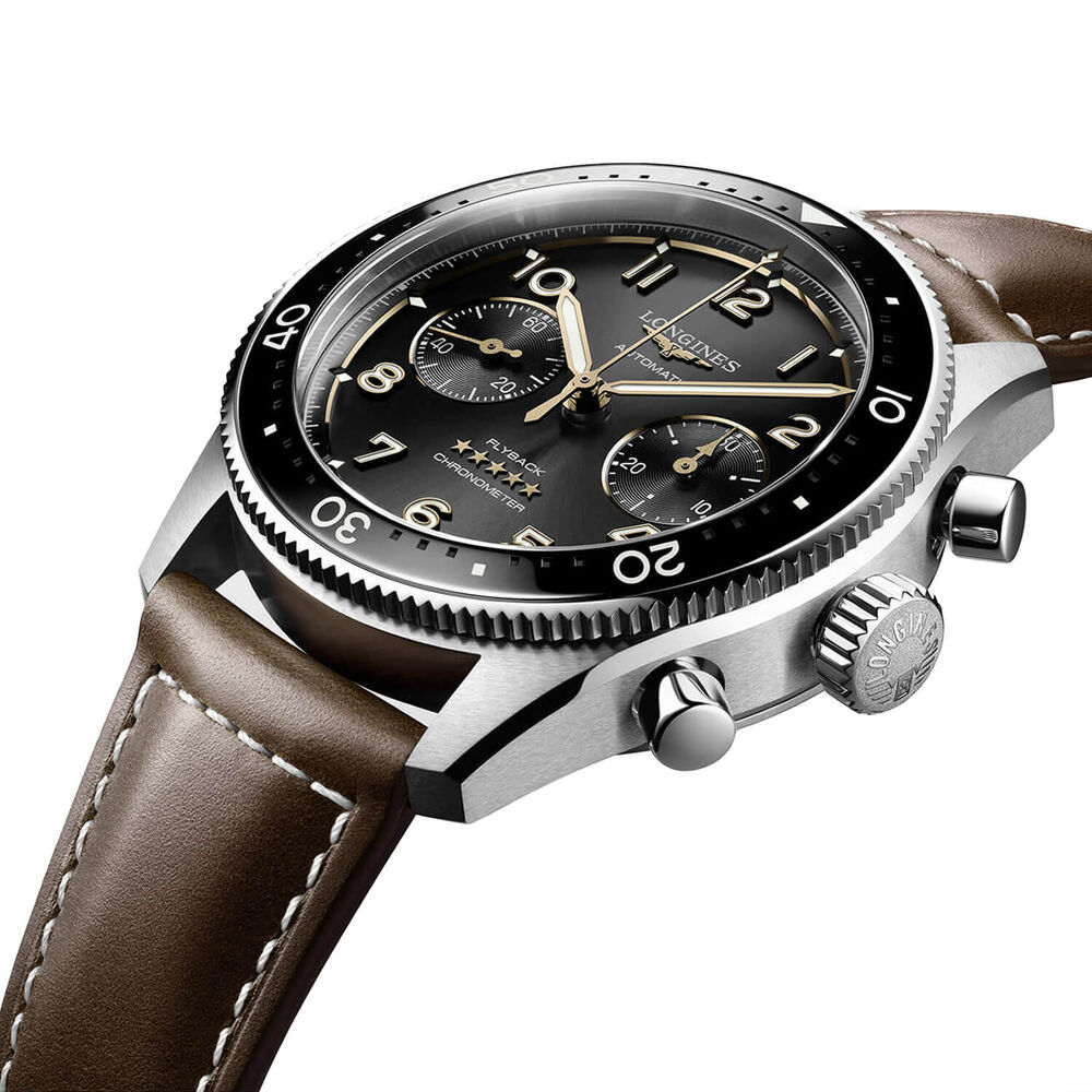 Longines Spirit Flyback 42mm Black Chronograph Dial Brown Strap Watch image number 5