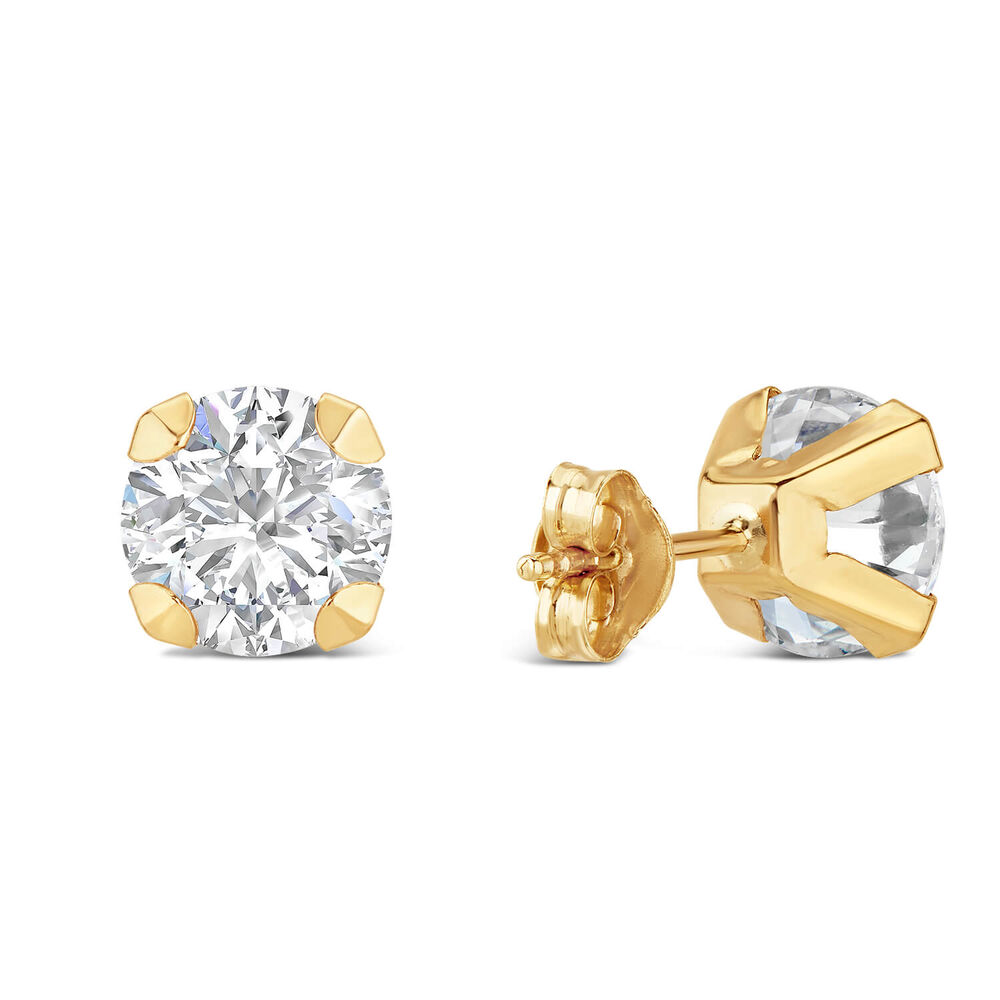 9ct Yellow Gold 7mm Four Claw Cubic Zirconia Stud Earrings image number 4