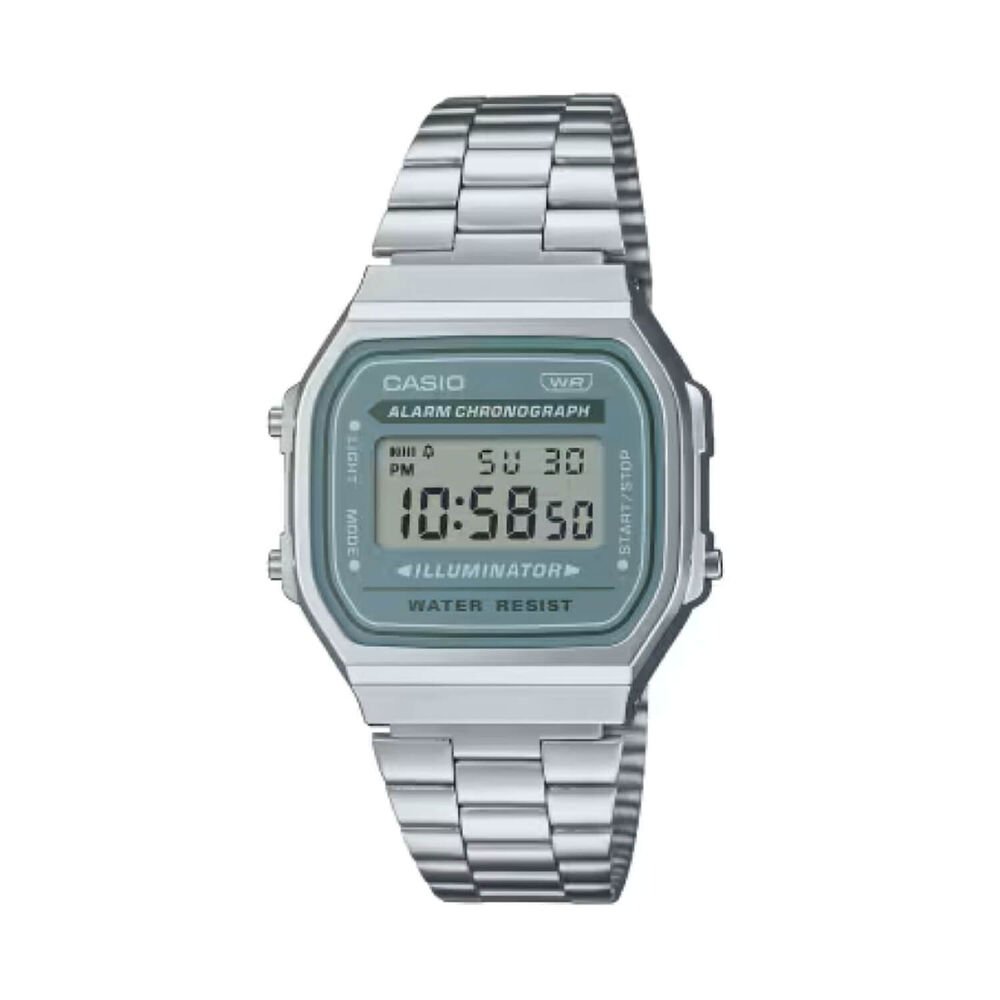 Casio Vintage 38.6x36.3mm Green Digital Display Stainless Steel Bracelet Watch
