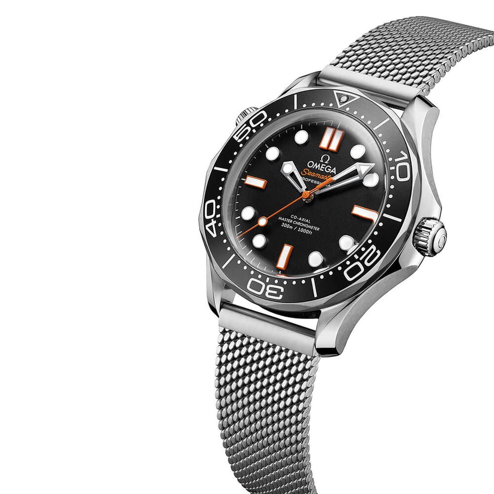 OMEGA Seamaster Diver 300M 42mm Black Dial Orange Details Steel Mesh Bracelet Watch image number 1
