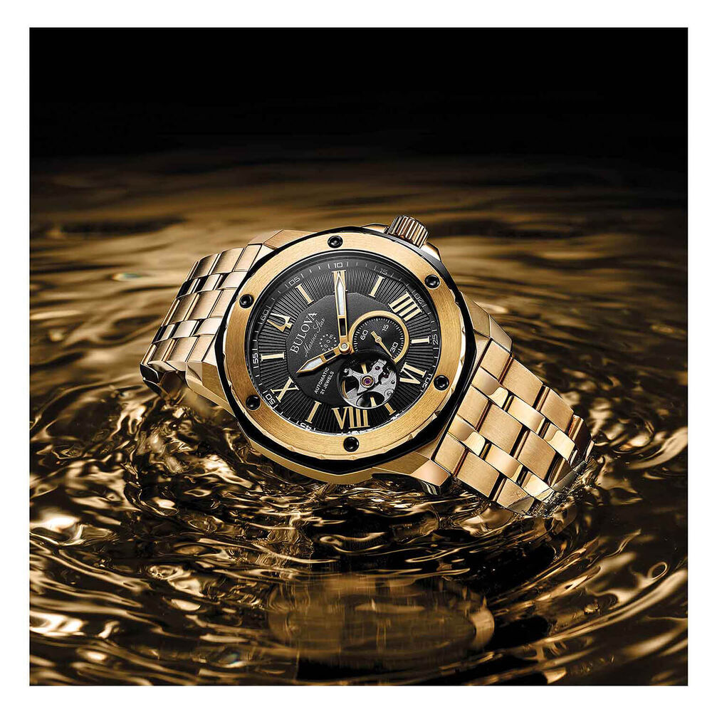 Bulova Men's Marine Star Black Dial Yellow Gold PVD Bracelet Watch image number 3