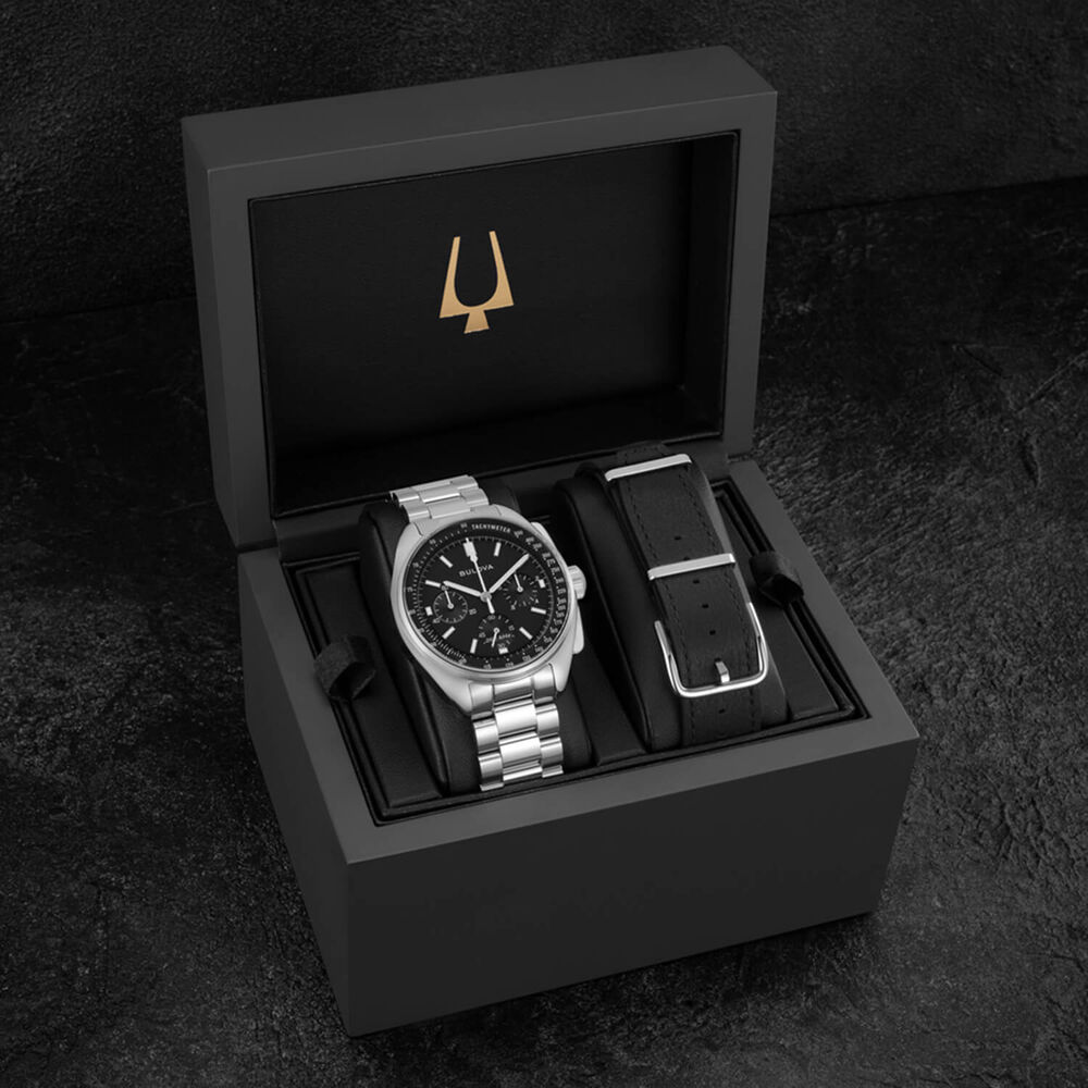 Bulova Lunar Pilot 43.5mm Black Dial Steel Bracelet & Black Leather Strap Set Watch image number 5