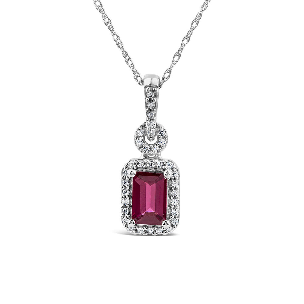 9ct White Gold Rectangular Rhodolite Garnet & 0.10ct Diamond Halo Pendant