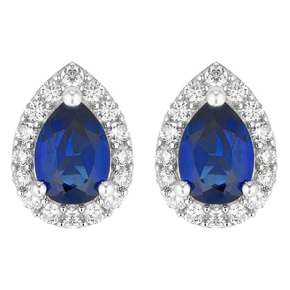 Ladies 9ct White Gold Created Sapphire and Cubic Zirconia Pear Stud Earrings