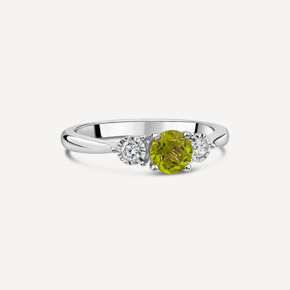 9ct White Gold Round Peridot 0.12ct Diamond Sides Stone image number 2