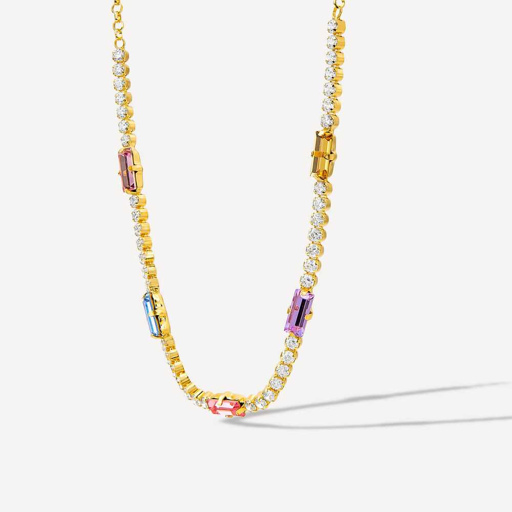 Sterling Silver & Yellow Gold Plated Rectangular Colour Stones & Cubic Zirconia Necklet image number 1