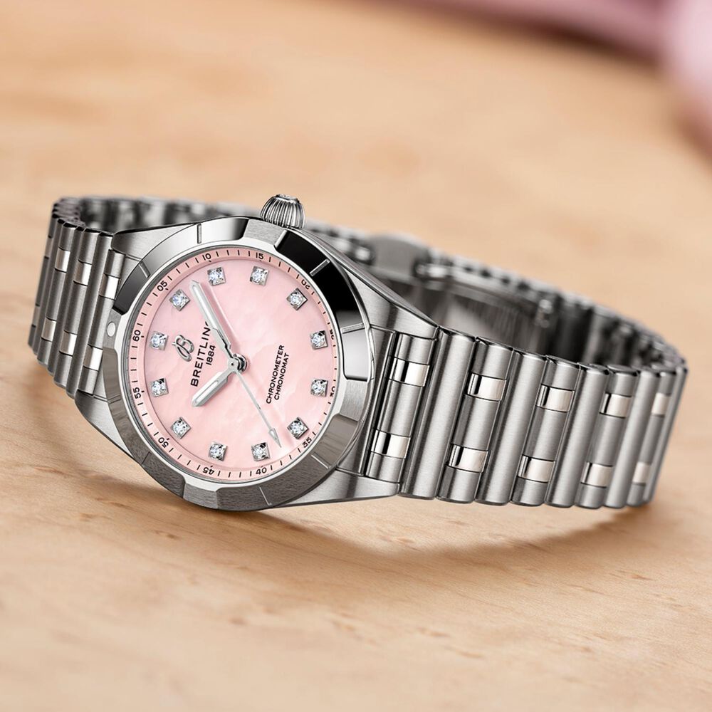 Breitling Chronomat 28mm Pink MOP Dial Diamond Dots Steel Bracelet Watch image number 2
