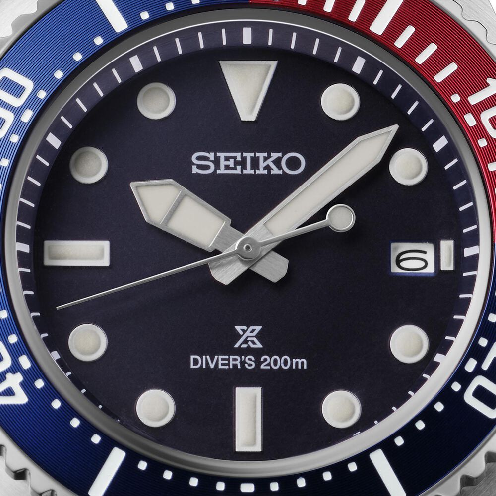 Seiko Prospex Solar Diver’s 41mm Blue Dial Red & Blue Bezel Stainless Steel Bracelet Watch image number 1