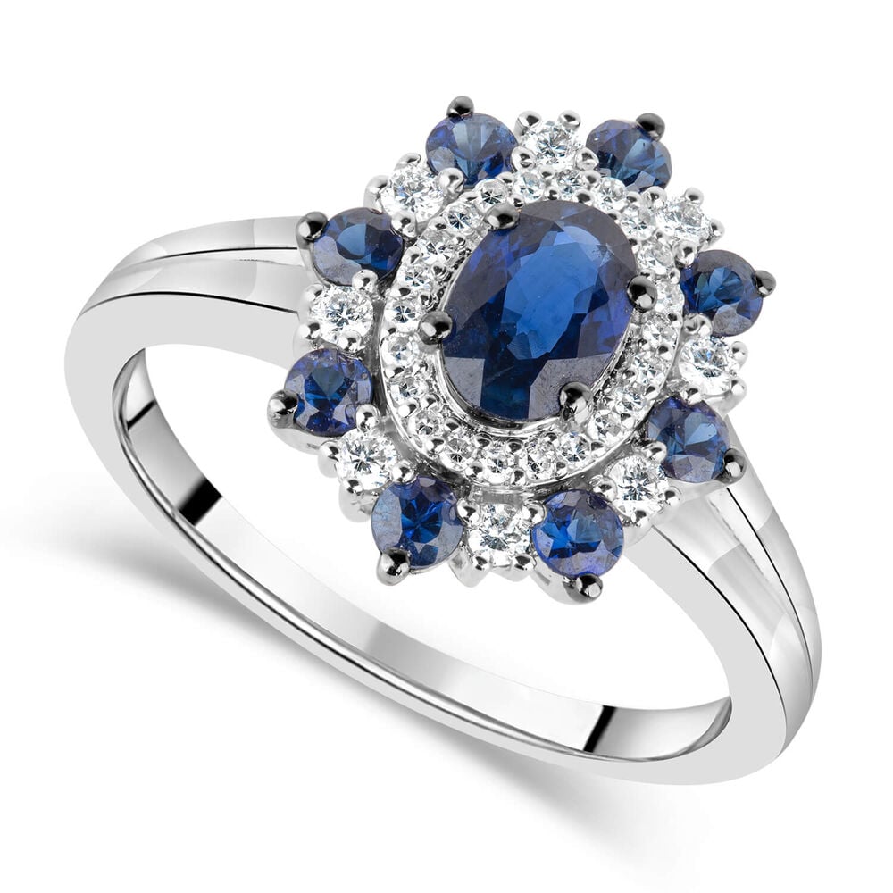 9ct White Gold Diamond and Sapphire Floral Cluster Ring image number 0