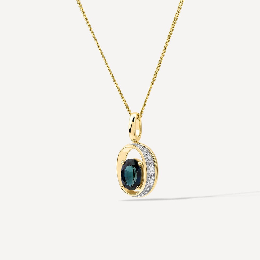 9ct Yellow Gold Oval Sapphire & Diamond Sides Curve Shaped Pendant image number 1