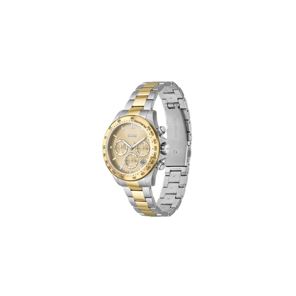 BOSS Novia 38mm Champagne Dial Chrono Yellow Gold IP & Steel Bracelet Watch