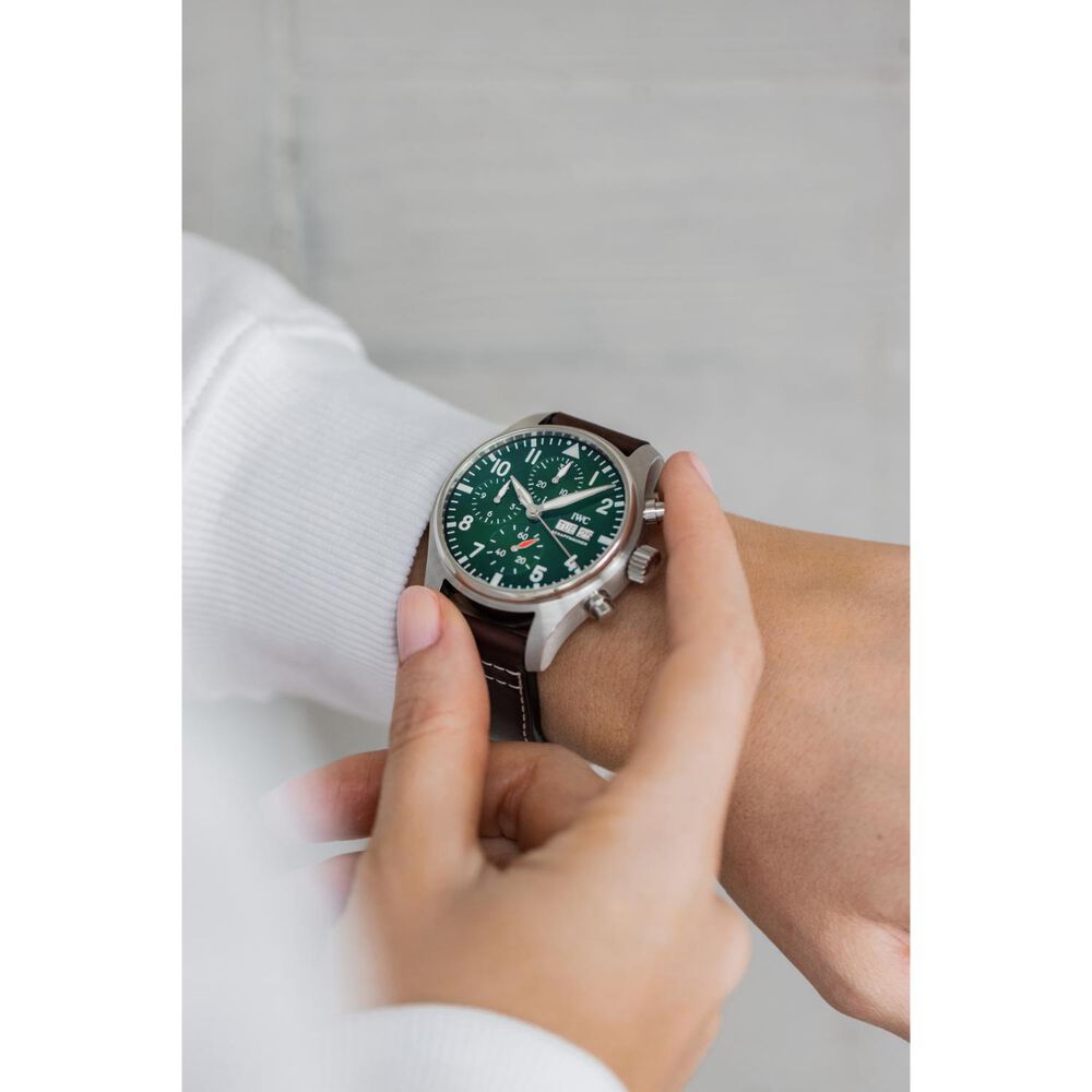 IWC Schaffhausen Pilot's Chronograph 41 Green Dial Steel Case Brown Leather Strap image number 5