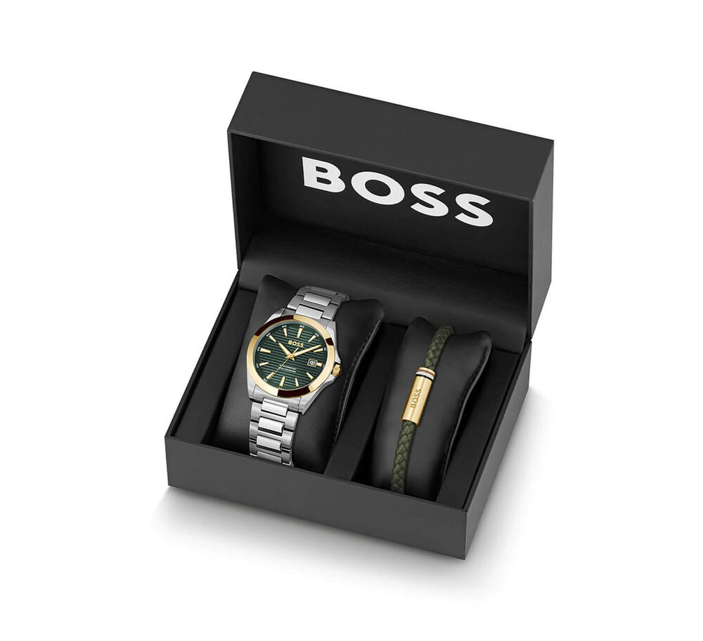 BOSS Strike 41mm Green Textured Dial Steel Bracelet Watch & Green Leather Bracelet Gift Set