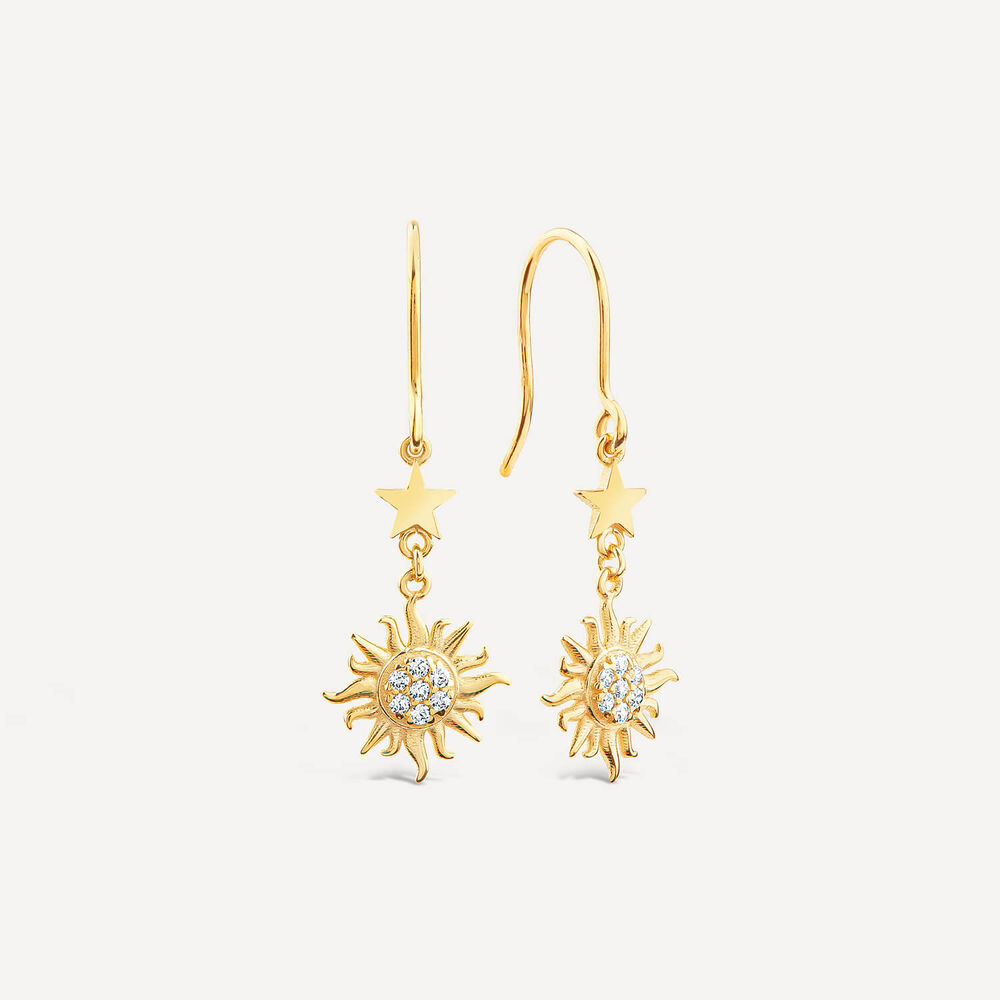9ct Yellow Gold Cubic Zirconia Sun & Moon & Star Drop Earrings image number 1