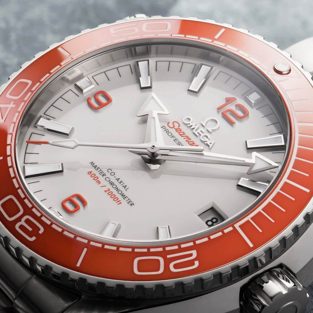 Omega Seamaster Planet Ocean White Dial Orange Bezel Silver Bracelet Mens Watch image number 3