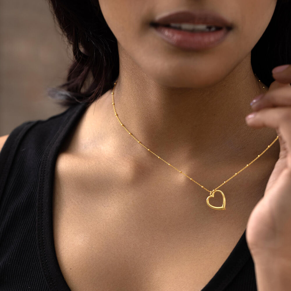 9ct Yellow Gold Half Glitter & & Polished Heart Bead Chain Necklet image number 5